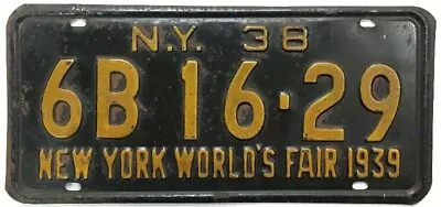 New York 1938 World's Fair 1939 License Plate 6B 16-29 Original Paint • $49.95