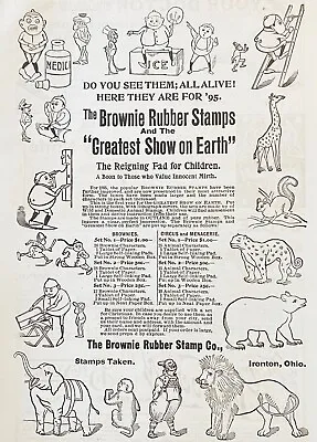 1895 BROWNIE RUBBER STAMP CO Vtg Print Ad IrontonO~Palmer Cox Characters&Circus • $24.95