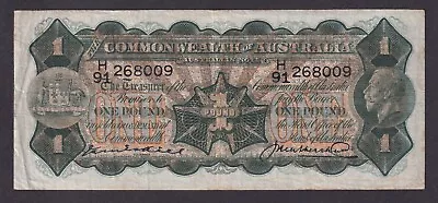 R25 One Pound Kell/Heathershaw VF Prefix H/91 Australia 1927 £1 Pre-decimal Note • $625