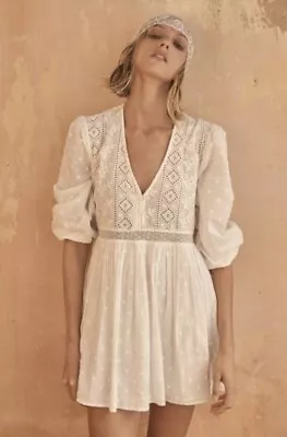 ZARA White Mini DRESS MEDIUM Tunic Top Broderie Lace Anglaise Cutwork 12-14 • £34.99