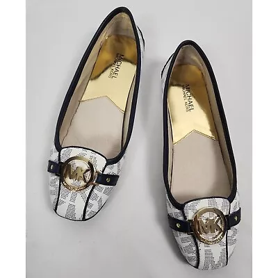 Michael Kors Women's Sz. 10  Fulton Ballet Flat Navy White Gold MK Logo • $49.99