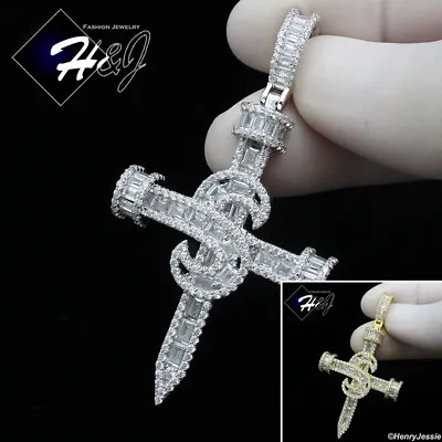 925 Sterling Silver Icy Cz Gold Plated/silver $ Sign 3d Nail Cross Pendant*sp396 • $66.99