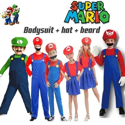 Kids Super Mario Costume Fancy Dress Up Hat Set Party Boys Girls Cosplay Outfitj • $16.09