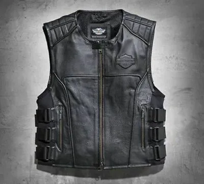 $39.95 • Buy Harley-Davidson Men's Swat II Genuine Black Leather Zippered Biker Racer Vest