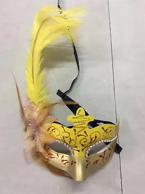 Masquerade Mask D3 Venetian Costume Fancy Dress Feather Party Yellow • £3.99