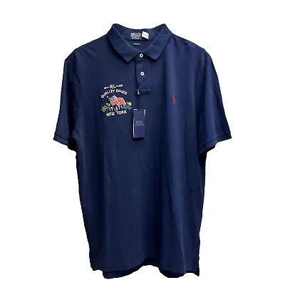 Polo Ralph Lauren Short Sleeve Weathered Navy Blue Embroidered Flag Mesh $125 • $64.99