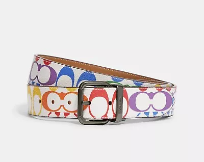 NWT Coach Roller Buckle Cut To Size Reversible Belt In Rainbow Signature C4153. • $129