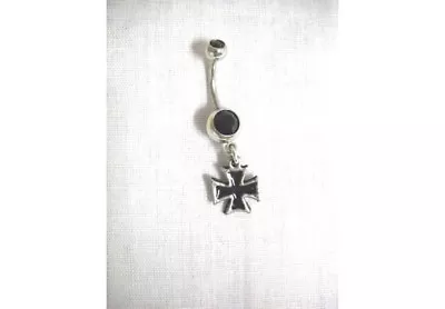 PEWTER MALTESE IRON CROSS CHARM W BLACK INLAY BLACK CZ 14g BELLY RING BARBELL • $7.99