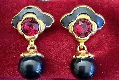 Vtg Iconic Monet Gold Tone Rhinestone Faux Ruby Drop Dangle Pierced Earrings • $30