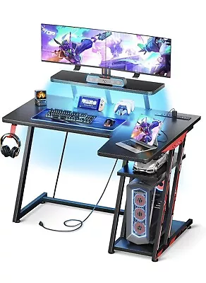 L Shaped Gaming Desk39inchPower OutletsPC Storage ShelfMonitor ShelfBlack • $99