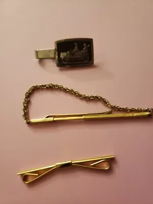 Lot Of 3 Tie Clips 1 Antique Car Silvertone Black 1 Gold Tone With Chain 1 Gold • $9.50