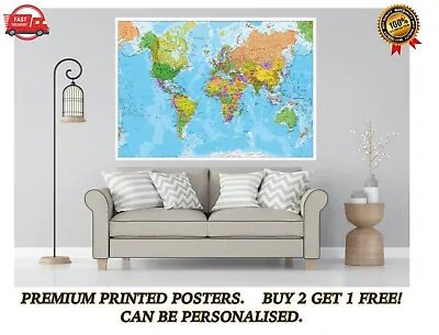 Detailed Large World Map Atlas Poster Art Print LAMINATED A1 SIZE • £13.65