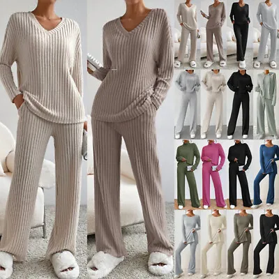 Womens Ribbed Lounge Wear Casual Loose Tops Pants Tracksuit Co-ord Outfit Set • £5.99