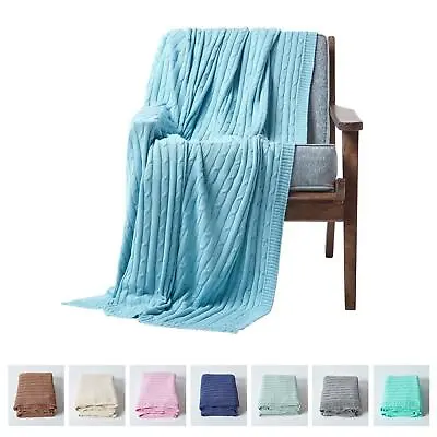 Cotton Cable Knit Throw Blue Grey Green Pink Natural Chocolate • £34.99