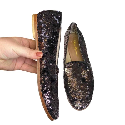$34.99 • Buy MATT BERNSON Sequin Metallic Pewter Black Shiny Loafers Shoes Flats 9.5