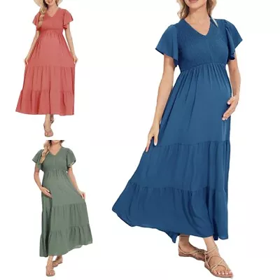 Women Baggy Short Sleeve Maternity Dress Ladies Photoshoot Solid Pleated • £28.43