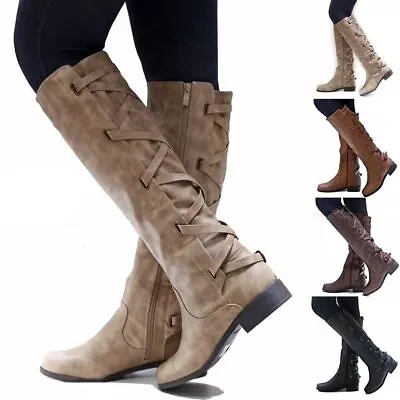 Low Flat Women Heel Knee High Ladies Leg Calf Boots Motorcycle Shoes Riding Punk • $43.82