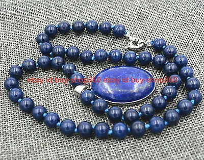 New 10mm Blue Egyptian Lapis Lazuli Gemstone Beads Oval Pendant Necklace 18  AAA • $5.85