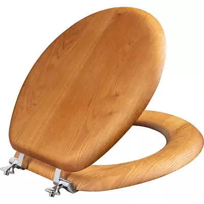 Round Natural Reflections Wood Veneer Toilet Seat In Natural Oak Chrome Hinge • $36.99