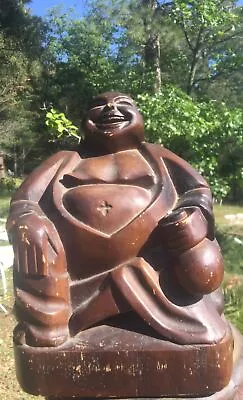 Buddha Walnut Wood Sitting Laughing Fun Look Statue Estate Vintage Solid Old Big • £56.99