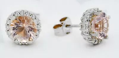 GENUINE 6.46 Cts MORGANITE & WHITE SAPPHIRE STUD EARRINGS 925 SILVER -  NWT • $44.26