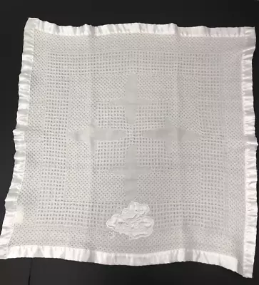 Vintage Satin Trim Baby Blanket Kidgets Acrylic Bless This Thermal Blankie 27x28 • $25.77