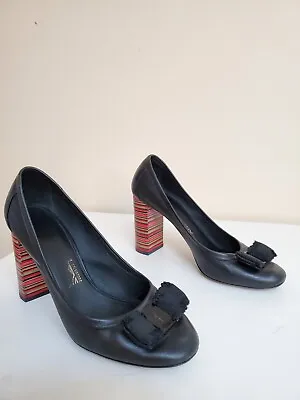 Salvatore Ferragamo Black Leather Shoes Size 8.5 25cm 10cm Stripe Block Heels  • $185