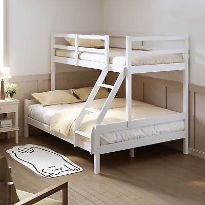 Solid Pine Wood Triple Bunk Bed 3ft Single 4ft6 Double Children White Bed Frame • £220.98