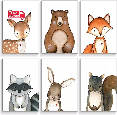 6 Pieces Woodland Animals Nursery Canvas Wall Art Cute Safari Jungle Animal Deer • $29.62