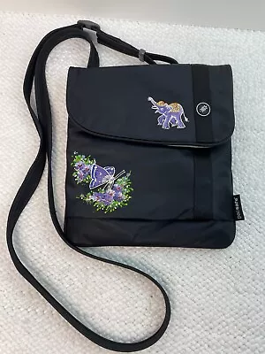 Pacsafe Anti-Theft Black Crossbody Purse Bag Hand-Painted Elephant Butterfly • $26