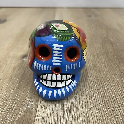 Sugar Skull Day Of The Dead Mexican Folk Art 5  Blue Clay Pottery Ceramic New • $15