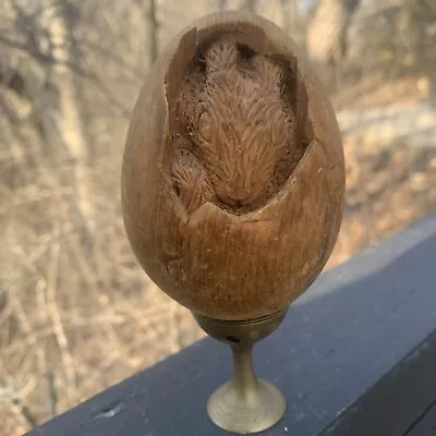 Hand Carved Solid Wood Egg W/ Bunny Easter Decor On Brass Stand~ Signed • $18.99