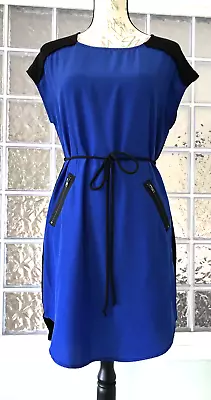 MOSSIMO NEW Blue & Black Dress Zipper Pockets Tie Waist Hi Lo Hem Cap Slv XS • $5.99