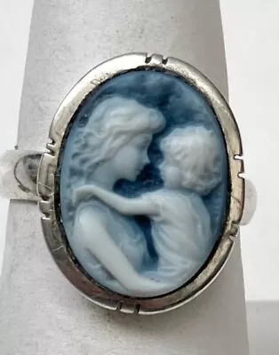 Blue Agate Hardstone Mother & Child Cameo 92.5 % Sterling Silver Ring 7.5 • $95
