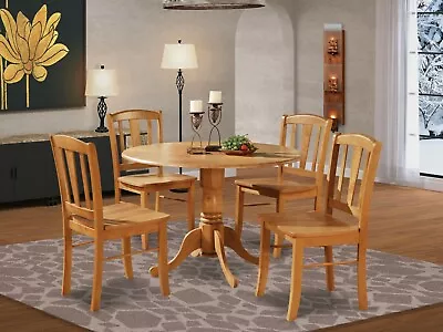 5pc Round Pedestal Drop Leaf Kitchen Table + 4 Wood Chairs Solid Wood Light Oak • $540