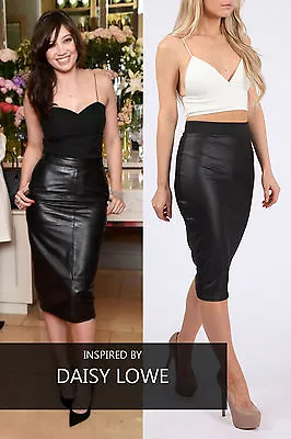 Ladies Wet Look Effect High Waist Bodycon Midi Pencil Skirt Faux Leather Dress • £7.36