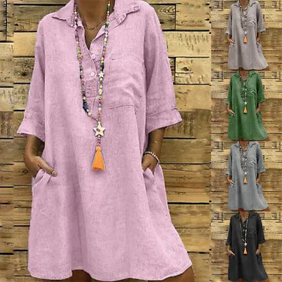 Womens Summer Cotton Linen Midi Dress Ladies Casual Loose Pocket Dresses  G * • $14.96