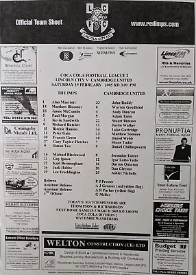 Lincoln City V Cambridge United 29/02/05 Teamsheet . • £2.99