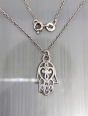 Vintage 925 Sterling Hamsa Hand Of Fatima Pendant Necklace 18  46cm. • £16