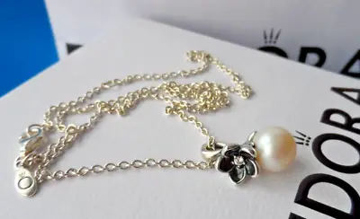 $91.13 • Buy Genuine PANDORA Silver Pearl Mystic Floral Enamel Necklace 390363P-45 BOX & BAG