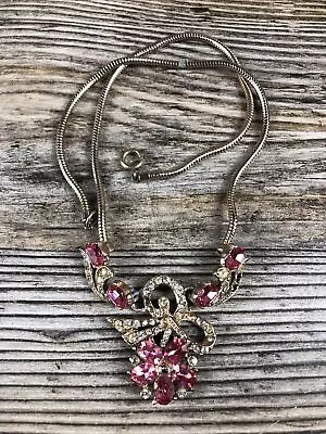 Vintage Joseph Wiesner NY New York Floral Flower Pink Clear Rhinestone Necklace • $19.99