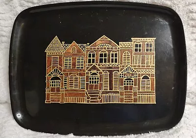 VINTAGE Couroc Victorian Row Houses Inlaid Black SERVING TRAY Barware 12.5x9.5 • $88.88