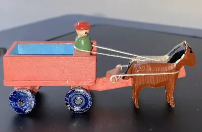 Antique Dollhouse Miniature German Erzgebirge Wooden Cart W/ Horses Toy~1:12 • $44.95