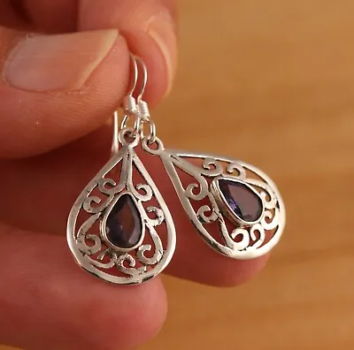 Natural Iolite Solid 925 Sterling Silver Dangle Drop Filigree Earrings Gift Box • £24.95