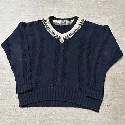 Vintage GAP Sz M Preppy Cable Knit Pullover Cricket Sweater Chunky Blue Beige • $44.99