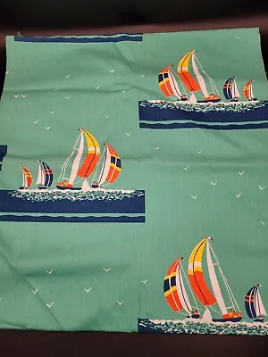 Beach Canvas Print Fabric Sailboat Joseph Goldinger Aqua Navy Nautical Seagulls • $17