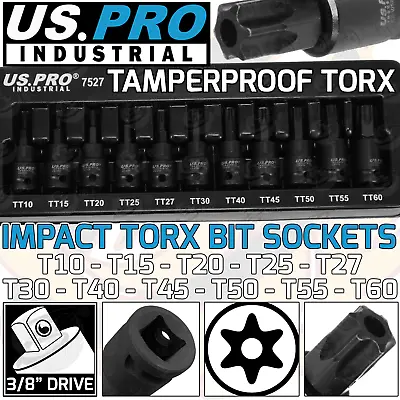 US PRO IMPACT TAMPERPROOF TORX BIT Sockets Set 3/8  Drive Impact Star T10 - T60 • £12.95