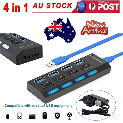 $17.99 • Buy For PS4/Slim/Pro Power AU Adapter 4 Port USB Hub 3.0 High Speed Extension+Cable