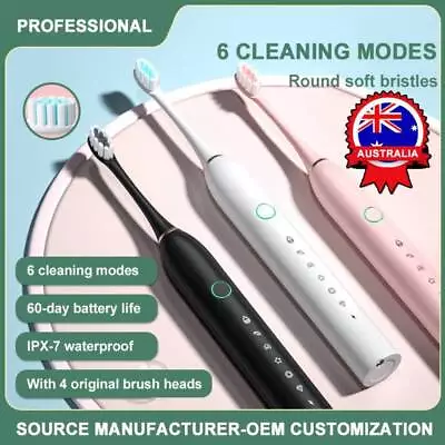 $4.58 • Buy Electric Toothbrush Sonic Rechargeable 6 Modes Kids Adults Brush 4 Heads USB AU