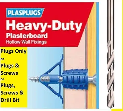 PLASPLUG Plasterboard Wall Plugs Heavy Duty - Cavity - OPTIONAL SCREWS & DRILL • £0.99